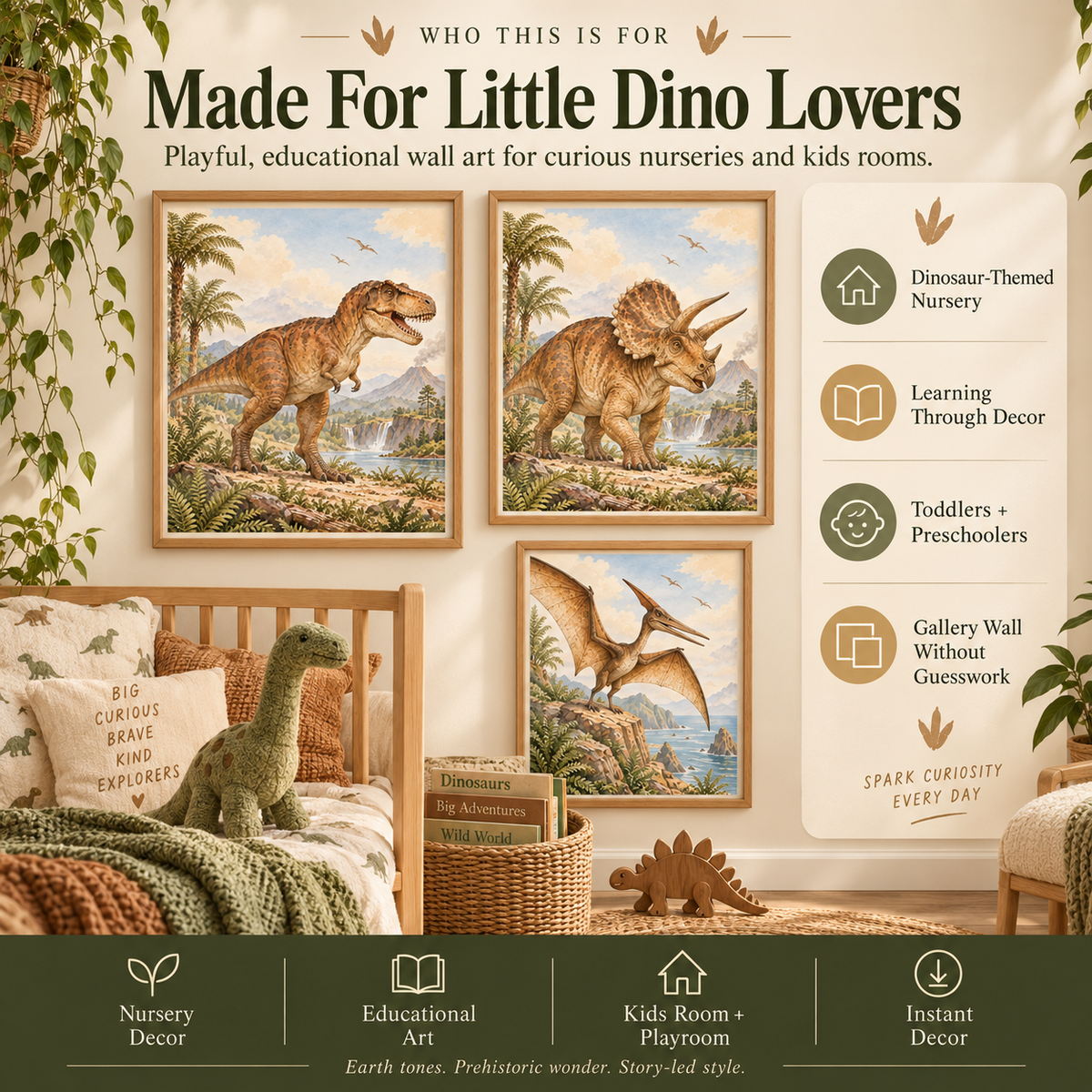 Dinosaur nursery wall art for dinosaur-loving toddlers, preschoolers, kids rooms, playrooms and learning corners