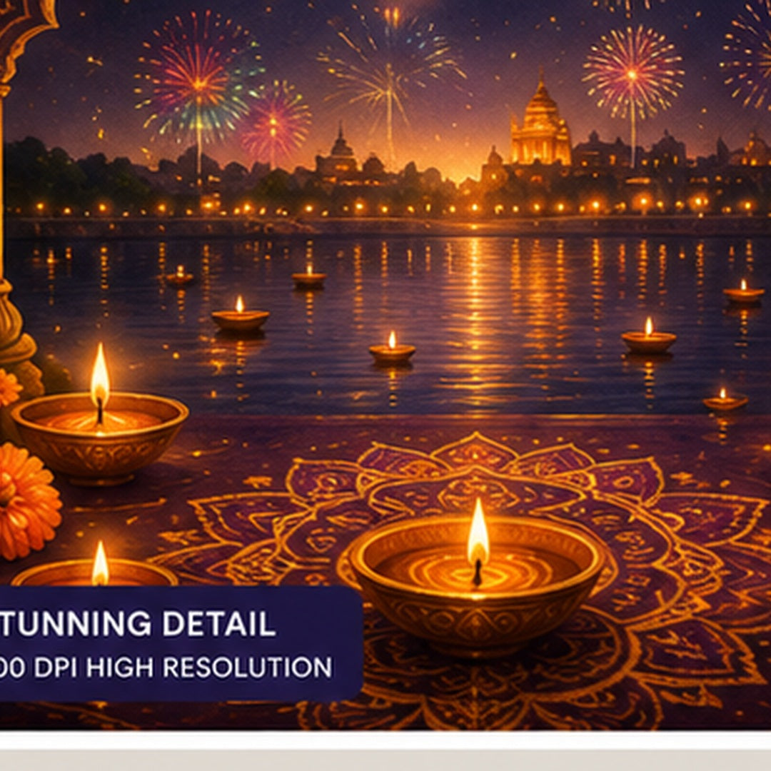 Close-up detail of Diwali Festival of Lights digital wall art with diyas and festive Indian pattern