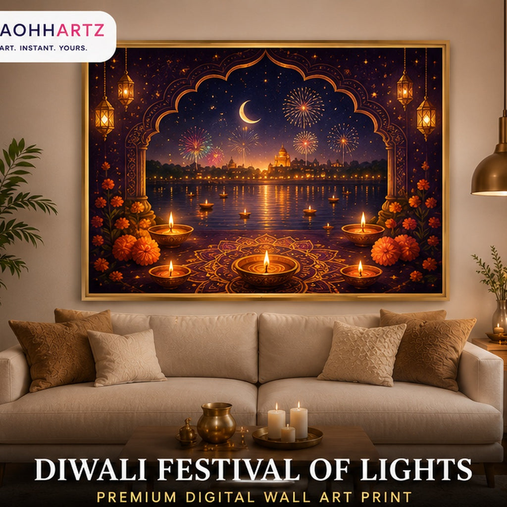 Diwali Festival of Lights digital wall art print framed above a living room sofa