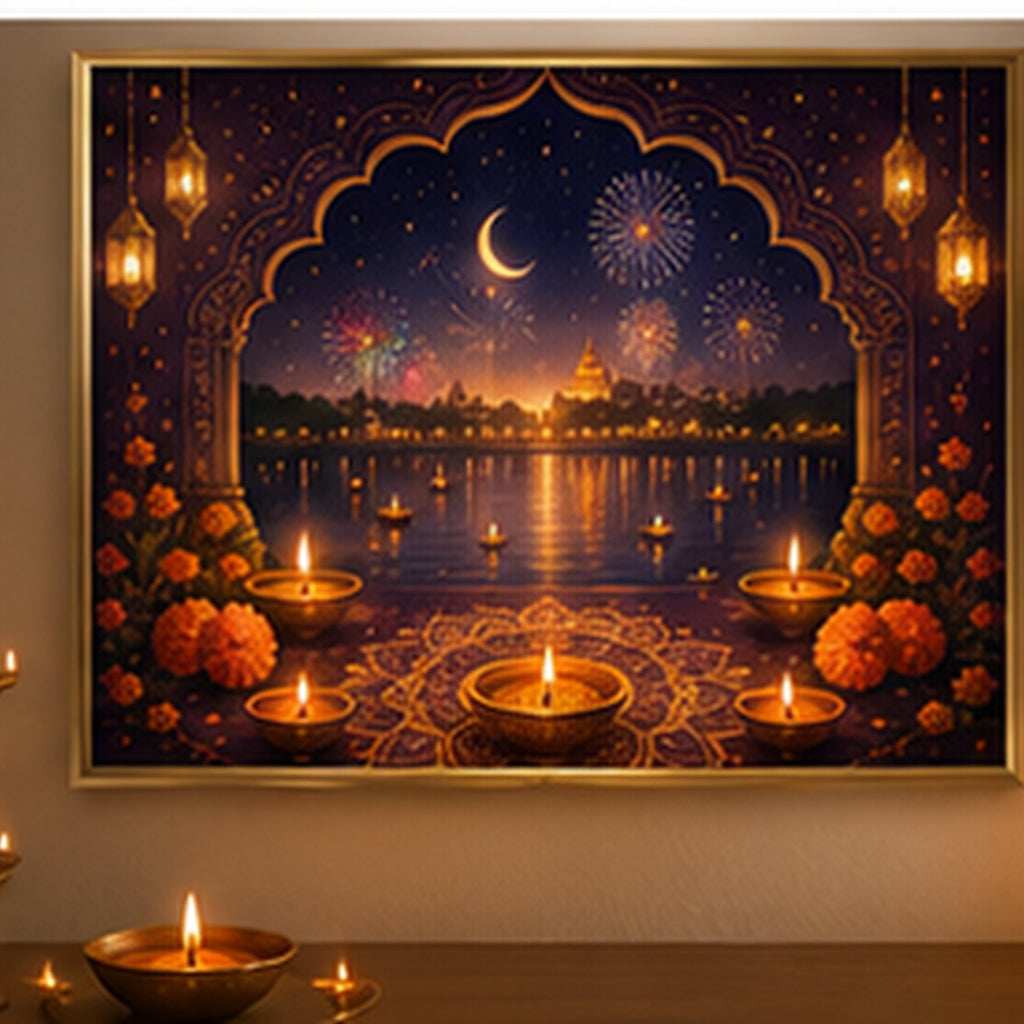 Diwali digital wall art styled with festive diyas in a modern living room