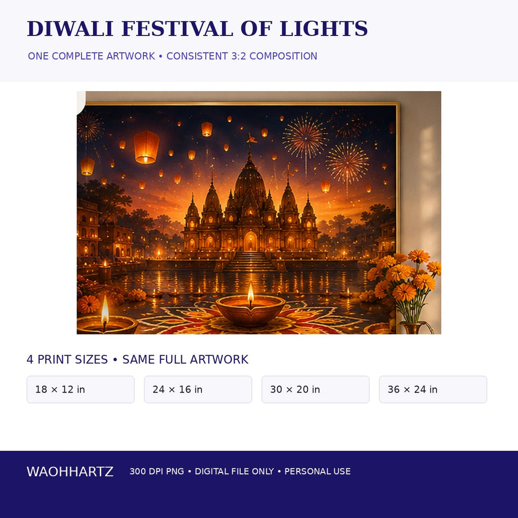 Diwali Festival of Lights wall art shown in four print sizes using the same complete 3:2 artwork composition