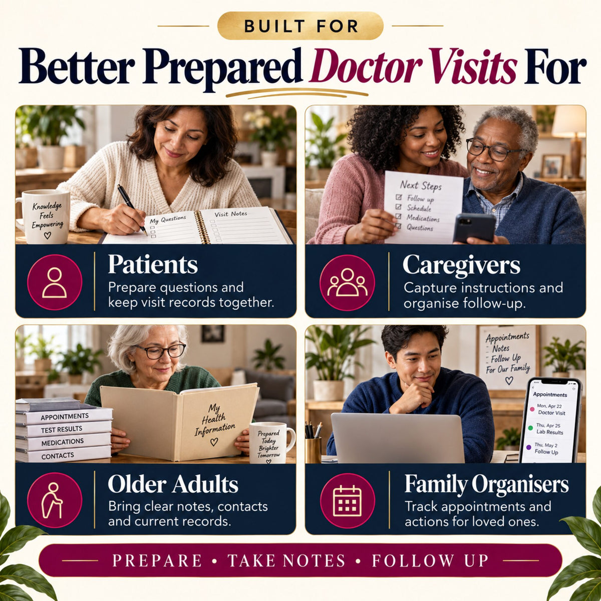Doctor visit notes planner for patients, caregivers, older adults and family organizers