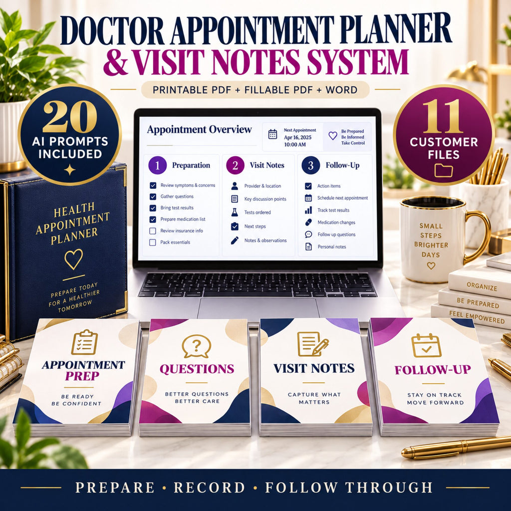 Doctor appointment planner and visit notes organizer with 20 AI prompts, 11 digital files and fillable forms