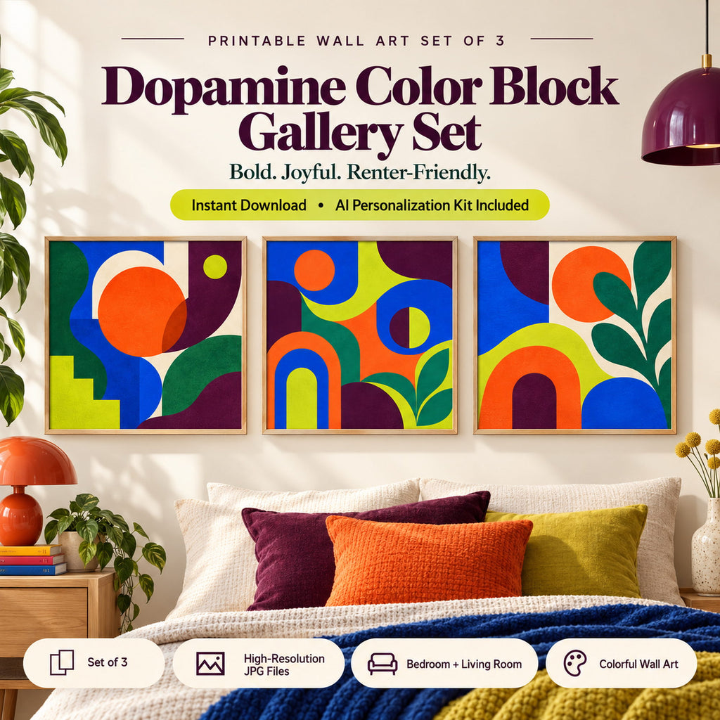 Dopamine Color Block Gallery Set printable wall art set of 3 in a colorful modern bedroom and living room setting
