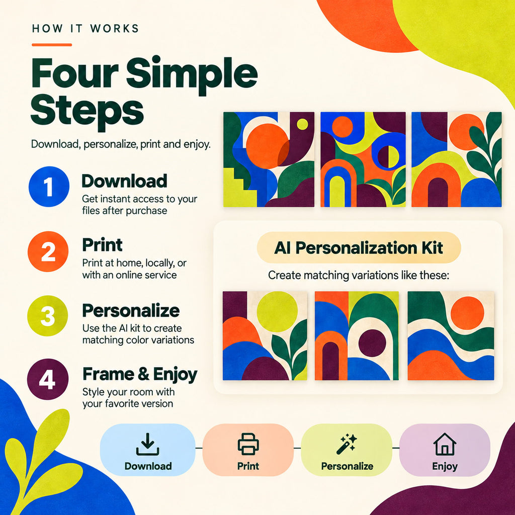 How to download, print, personalize and frame Dopamine Color Block Gallery Set with colorful AI variation examples