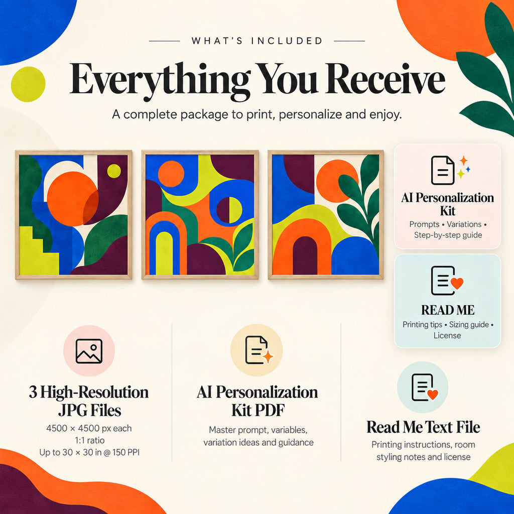 Dopamine Color Block Gallery Set digital download with 3 high-resolution JPG wall art files, AI Personalization Kit PDF and read me guide