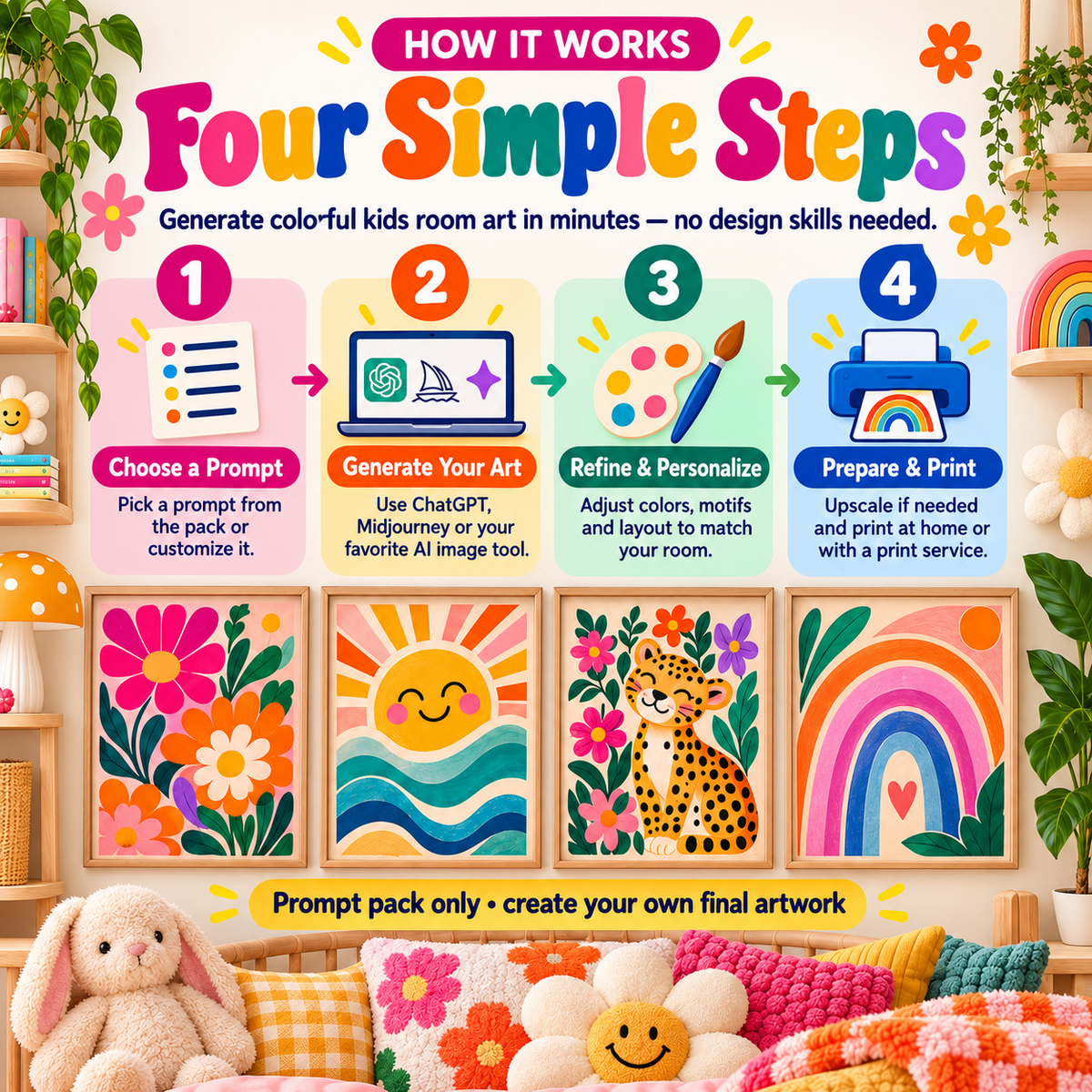 How to use dopamine kids room decor AI prompts to create colorful kids room wall art in four steps