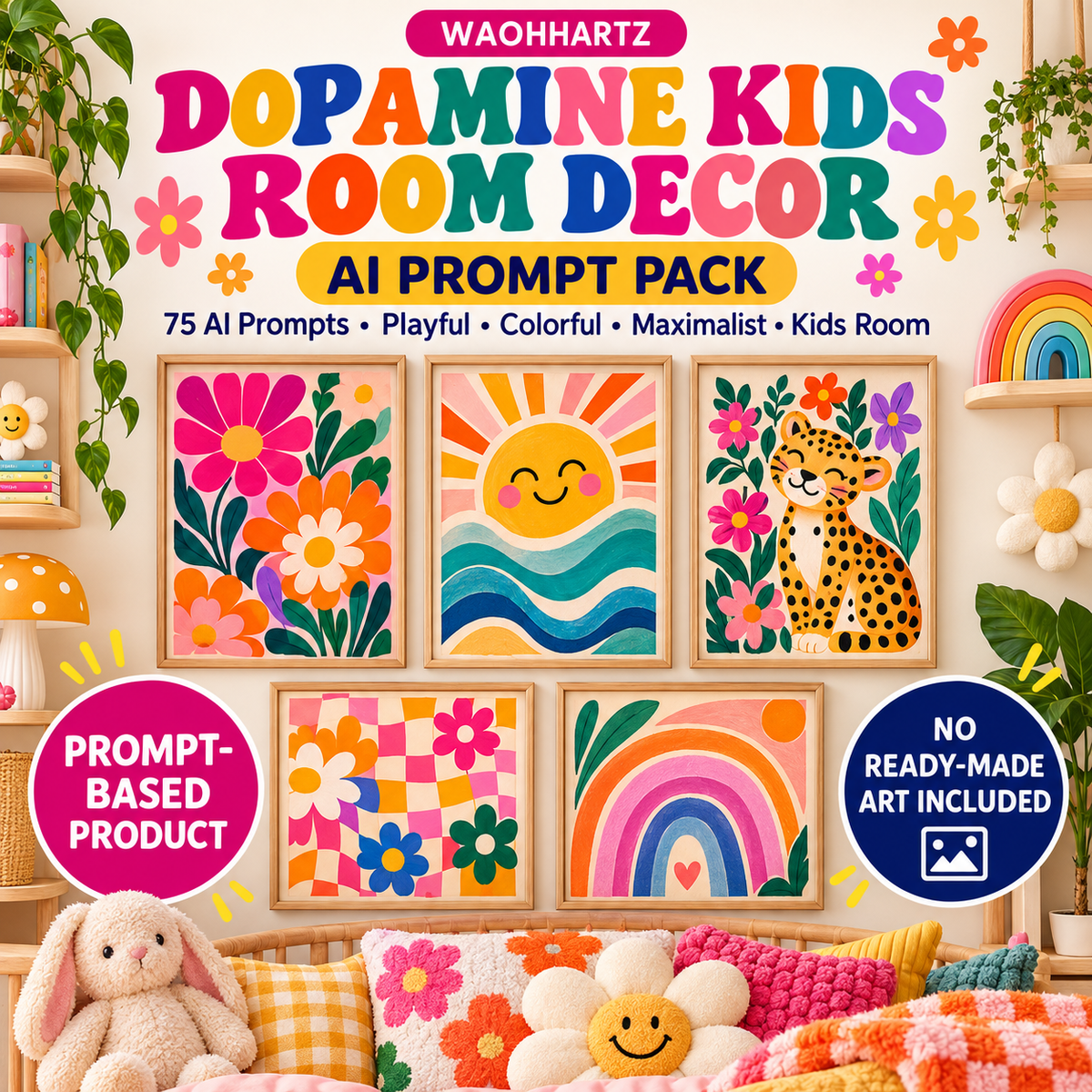 Dopamine kids room decor AI prompt pack with 75 prompts for playful colorful maximalist kids room art