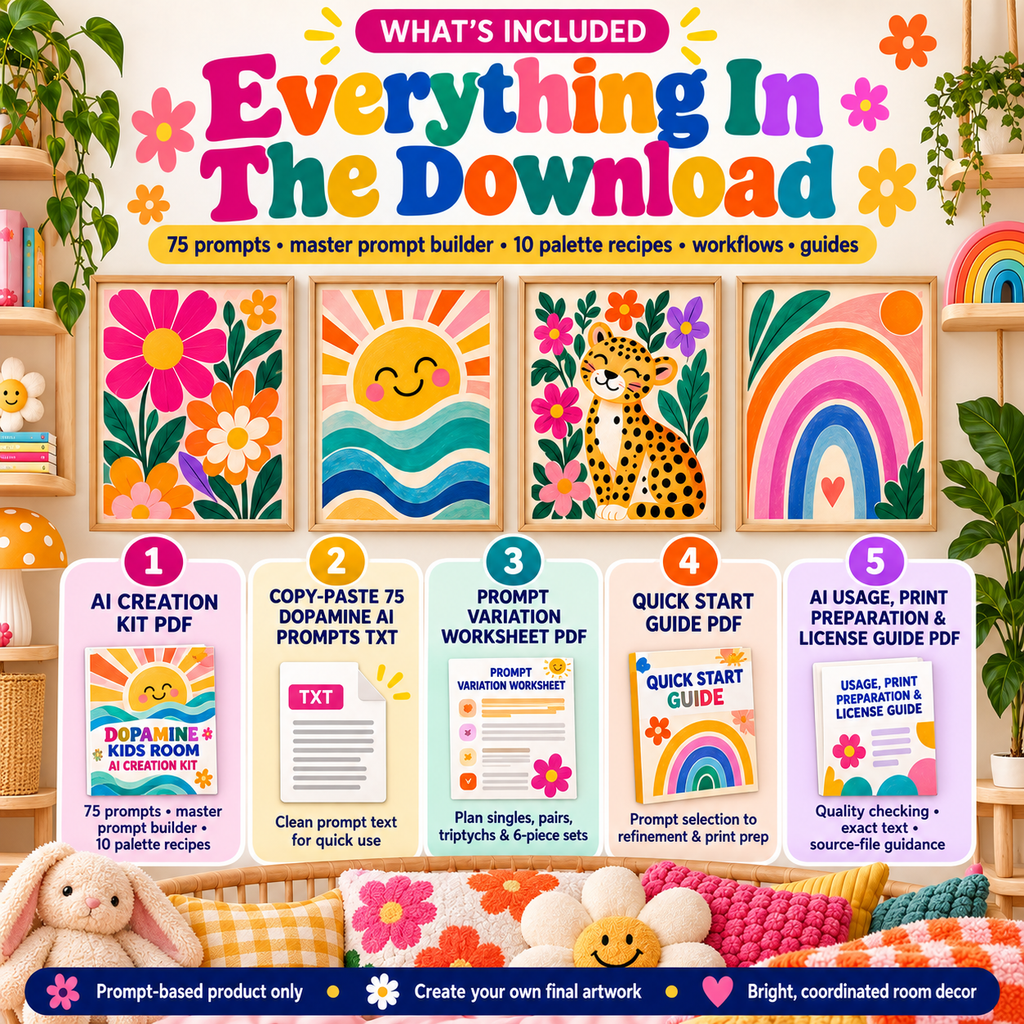 Dopamine kids room decor AI prompt pack contents with 75 prompts master prompt builder 10 palette recipes worksheet and guides