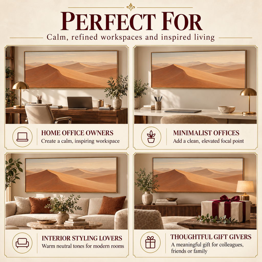 Dune Light Panorama printable wall art shown in warm neutral home office, minimalist office and interior styling settings.
