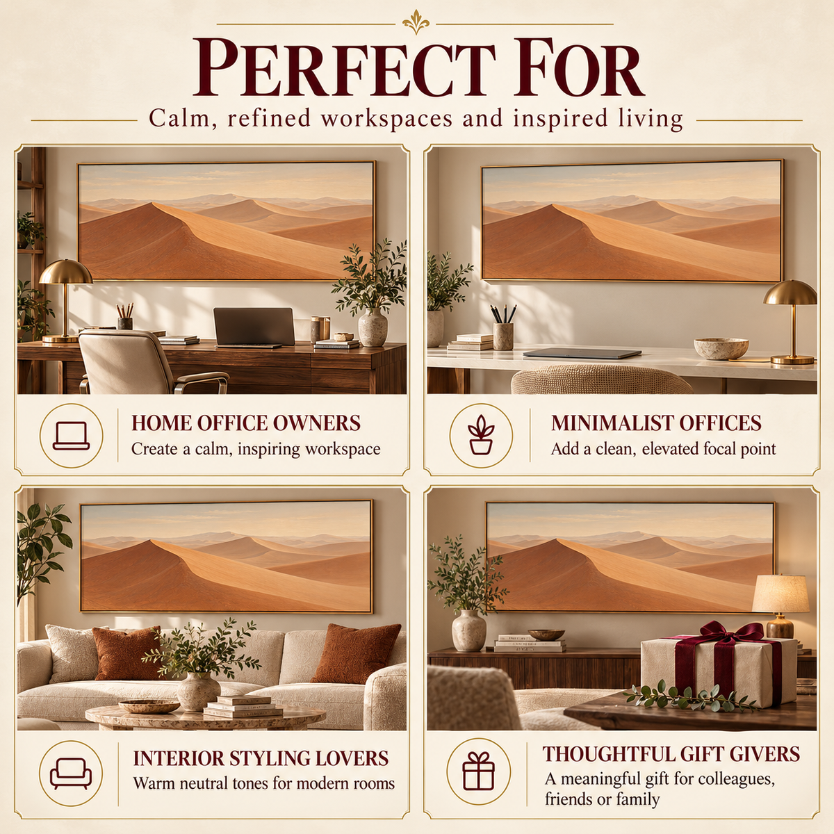 Dune Light Panorama printable wall art shown in warm neutral home office, minimalist office and interior styling settings.