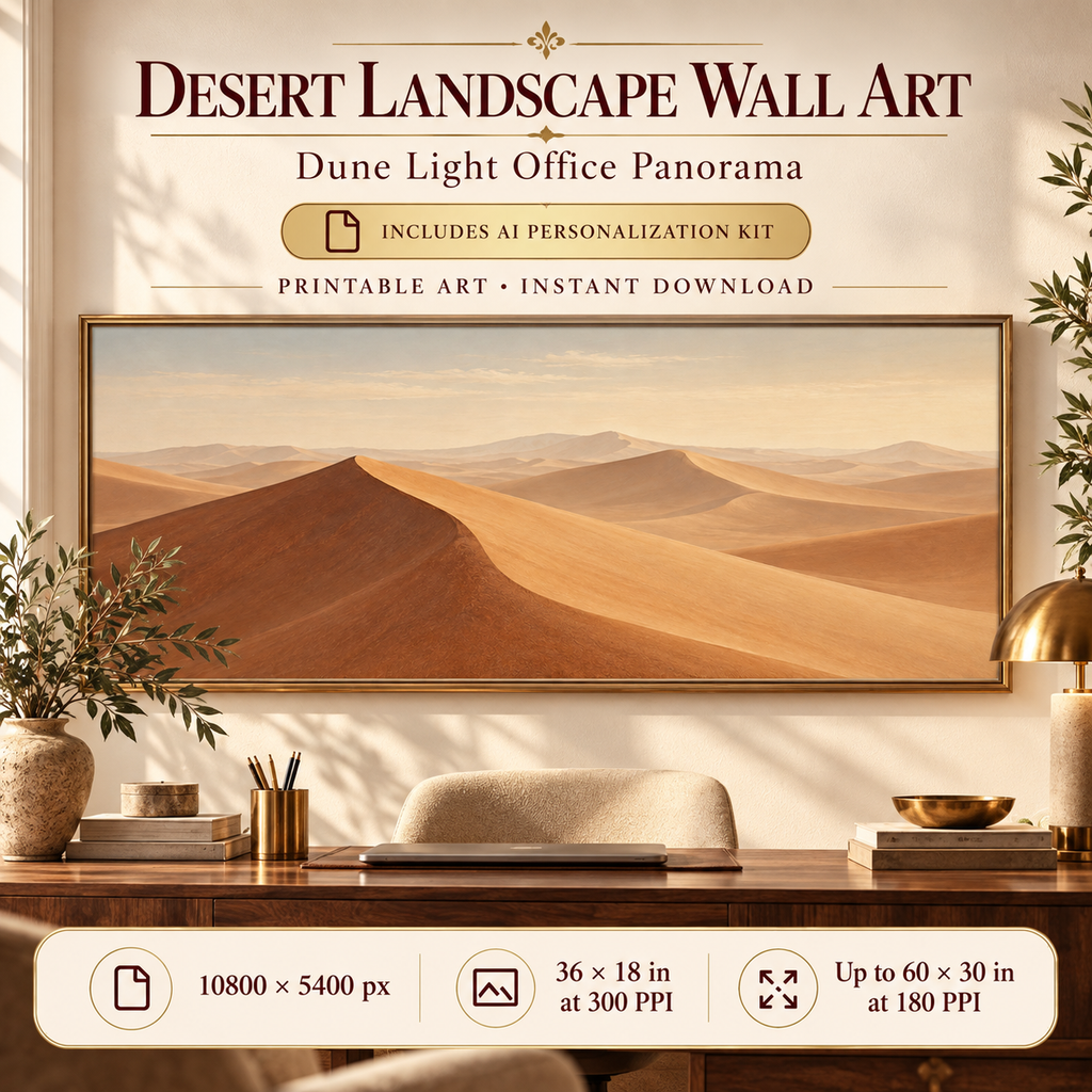 Dune Light Panorama printable desert landscape wall art displayed in a warm neutral office, with 10800 by 5400 pixels, 36 by 18 inches at 300 PPI and up to 60 by 30 inches at 180 PPI.