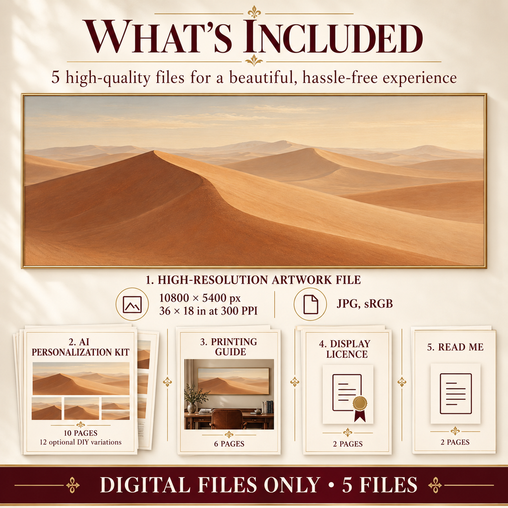 Dune Light Panorama digital download contents with one 2 to 1 artwork master, AI Personalization Kit, Printing Guide, Display Licence and Read Me.