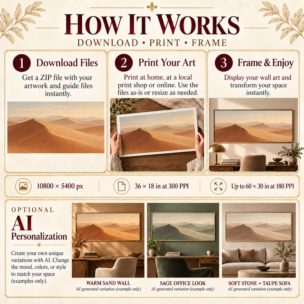 Dune Light Panorama how it works image showing download, print and frame workflow plus optional AI personalization examples in warm sand, sage office and soft stone room palettes.
