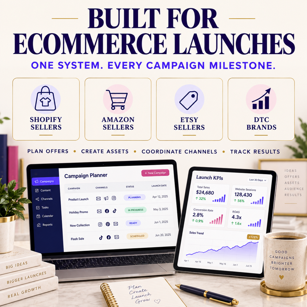 Product launch campaign planner for Shopify, Amazon, Etsy and DTC sellers