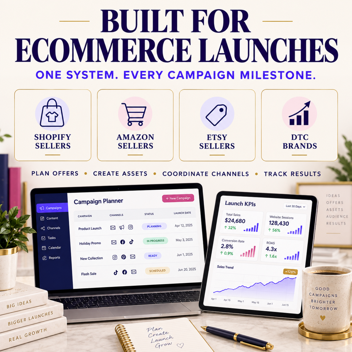 Product launch campaign planner for Shopify, Amazon, Etsy and DTC sellers