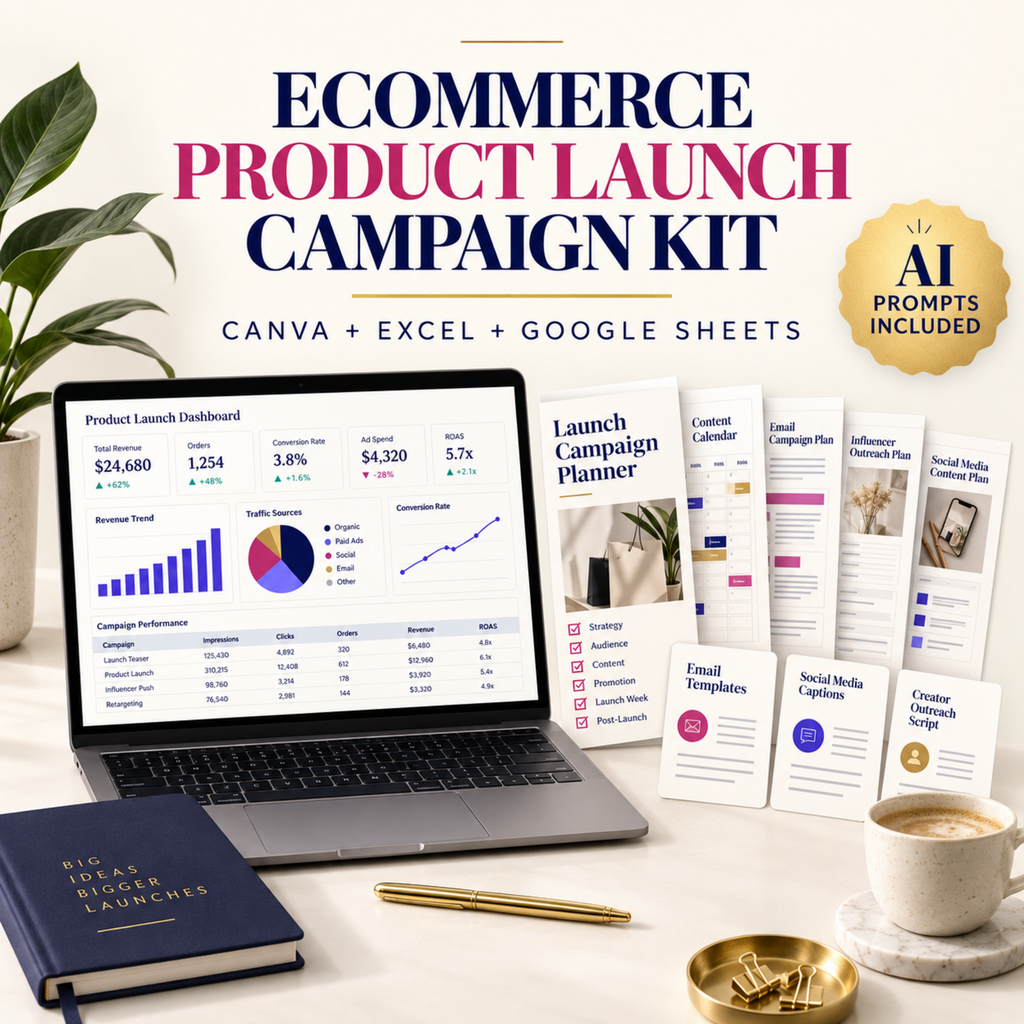 Ecommerce Product Launch Campaign Kit with Canva planner, Excel and Google Sheets tracker, and AI prompts