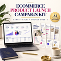 Ecommerce Product Launch Campaign Kit with Canva planner, Excel and Google Sheets tracker, and AI prompts
