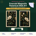 Emerald green botanical wall art set of 2 with magnolia flowers in dark green bedroom decor