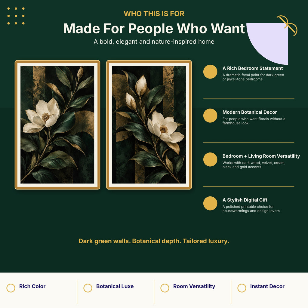 Emerald green botanical wall art for dark green bedrooms, living rooms and luxe interiors