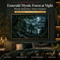 Emerald Mystic Forest at Night printable forest wall art in a dark green bedroom with moonlit mountains, mist and waterfall