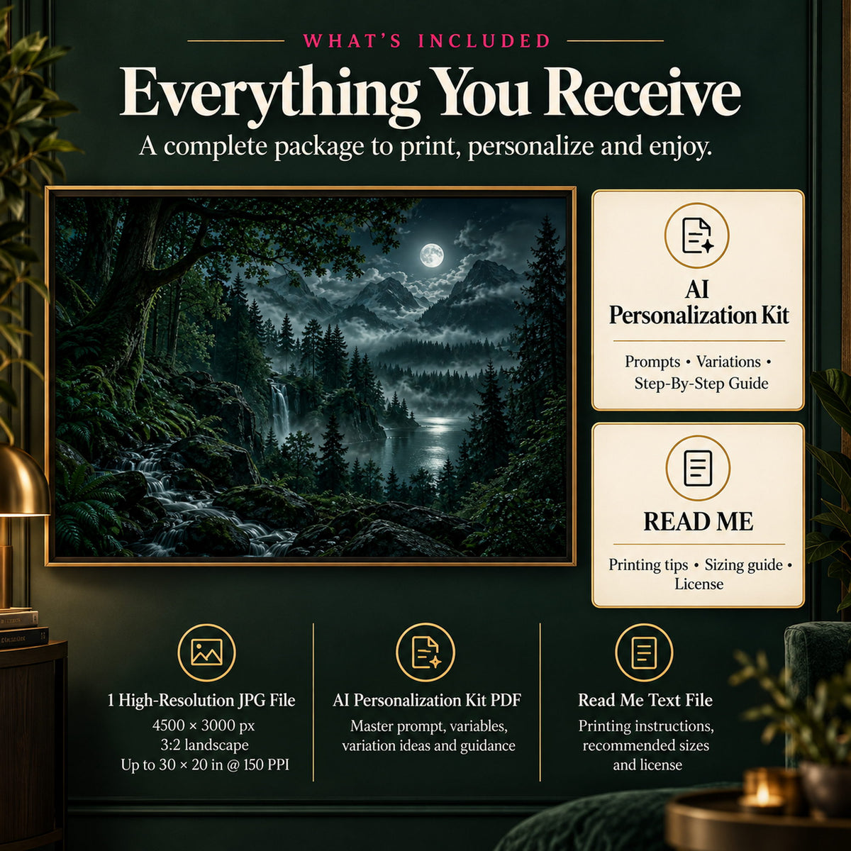 Emerald Mystic Forest at Night digital download with high-resolution JPG, AI Personalization Kit PDF and read me printing guide