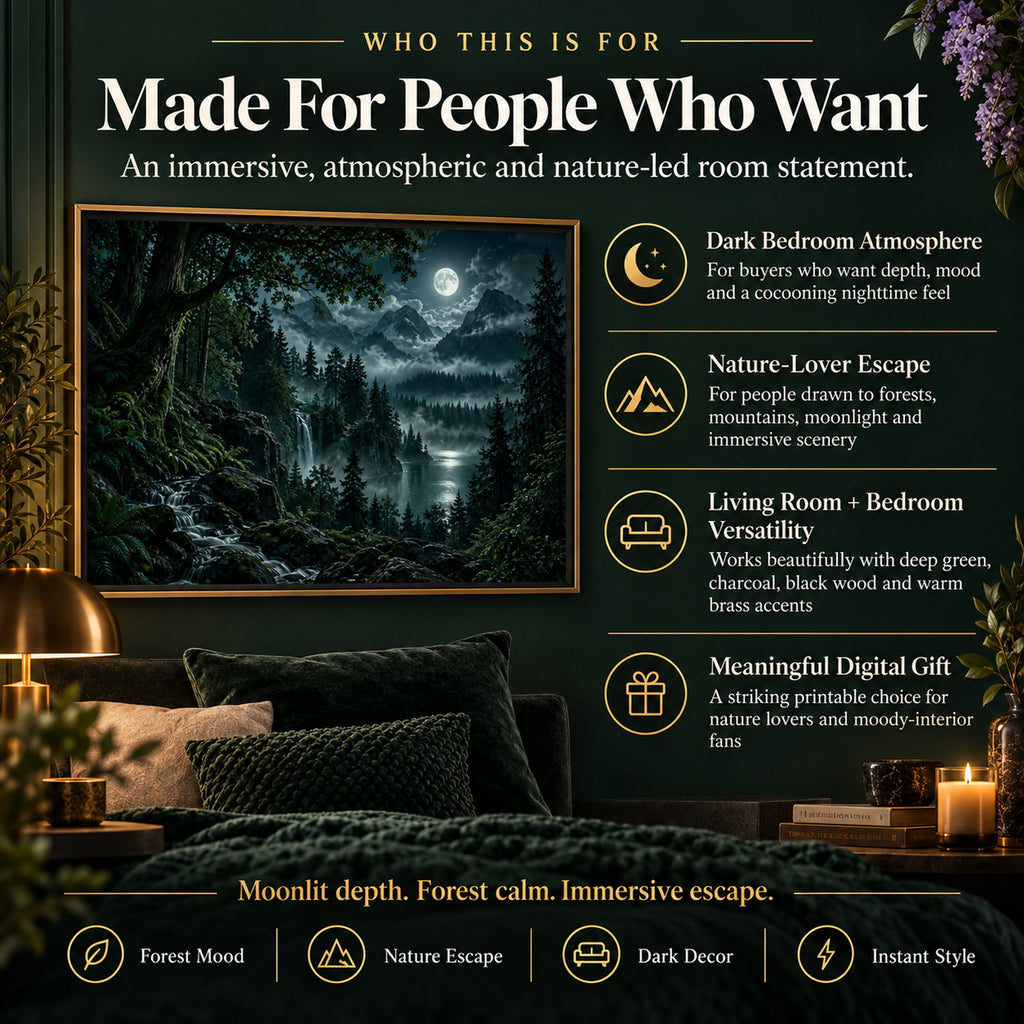 Moody forest wall art for dark bedrooms, nature lovers, immersive interiors and atmospheric living rooms