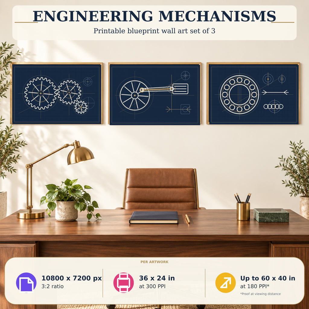 Engineering Mechanisms printable blueprint wall art set of three displayed in a bright technical office with print size specifications