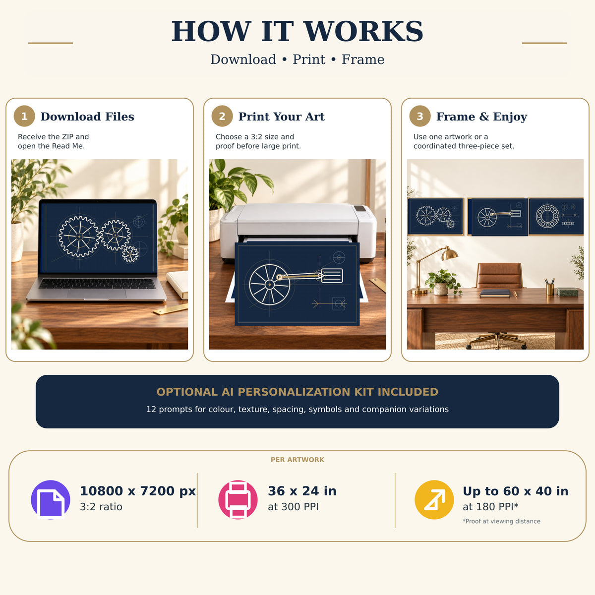 How to download print and frame Engineering Mechanisms wall art with the optional AI personalization kit