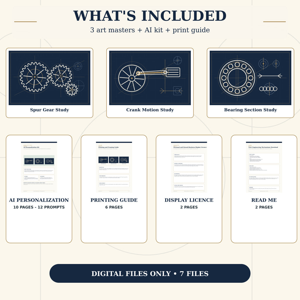 What is included in the Engineering Mechanisms download with three high-resolution art masters and four PDF guides