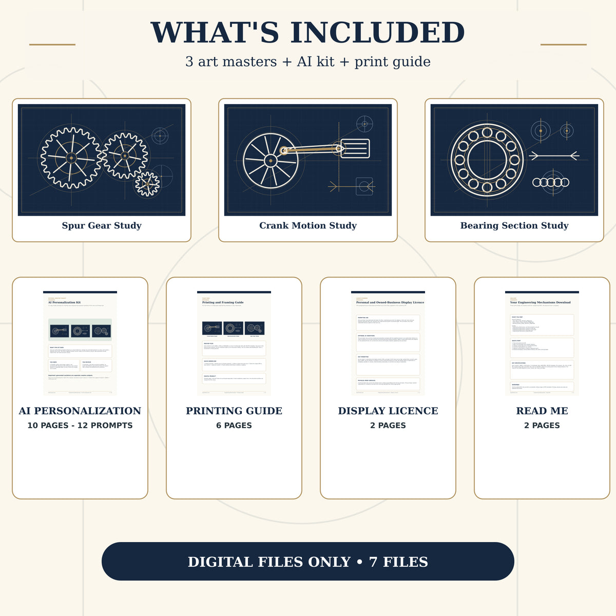 What is included in the Engineering Mechanisms download with three high-resolution art masters and four PDF guides