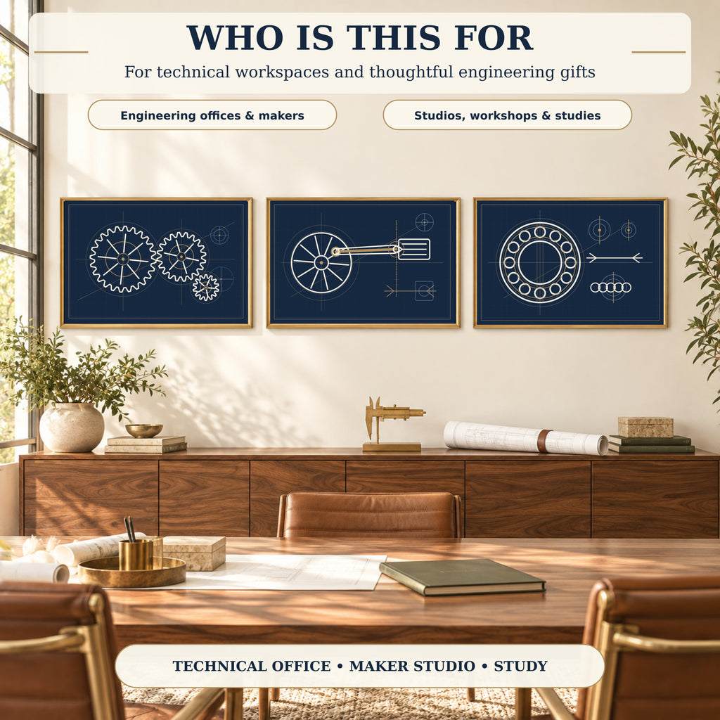 Engineering blueprint wall art set displayed in a technical office for engineers makers and studio workspaces