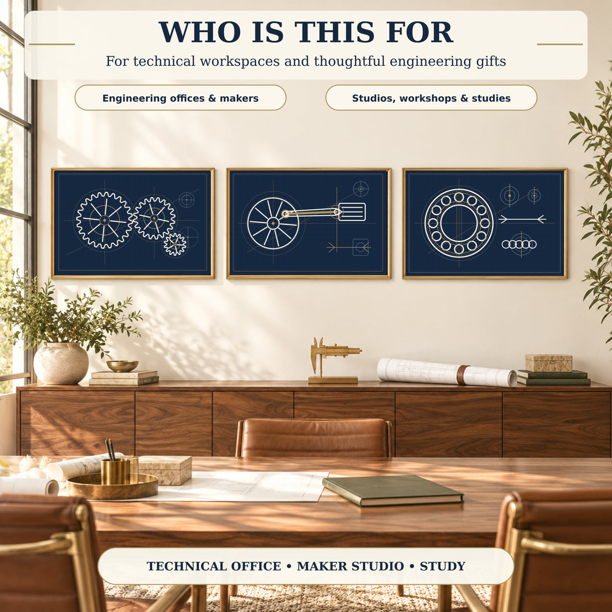 Engineering blueprint wall art set displayed in a technical office for engineers makers and studio workspaces