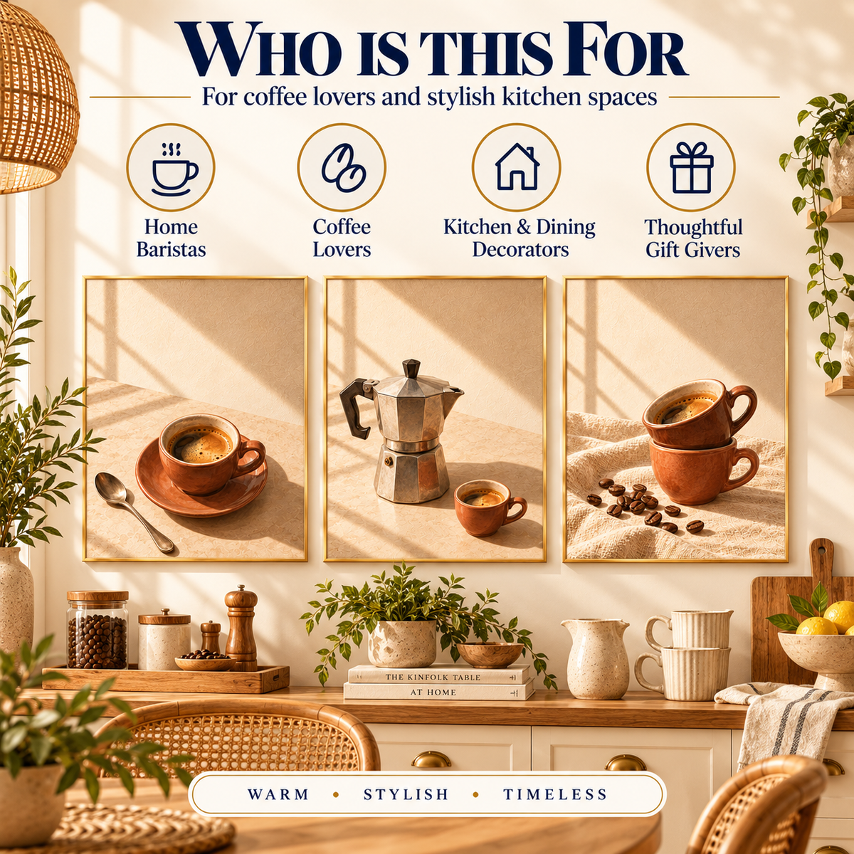 Espresso Ritual printable coffee wall art styled in a warm kitchen and coffee nook for home baristas, coffee lovers, kitchen and dining decorators, and thoughtful gift givers.