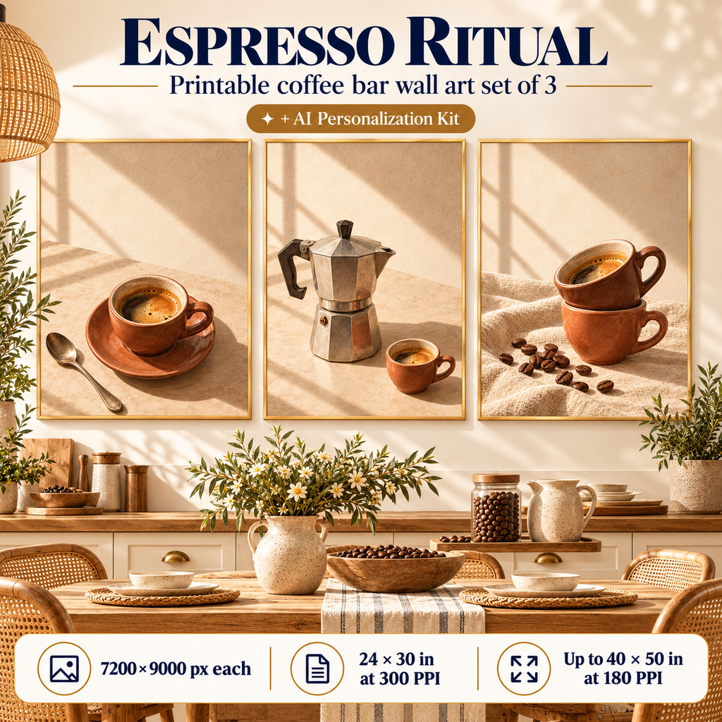 Espresso Ritual printable coffee bar wall art set of 3 displayed in a warm sunlit kitchen and dining space, with AI Personalization Kit and 24 by 30 inch 300 PPI print specification.