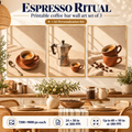 Espresso Ritual printable coffee bar wall art set of 3 displayed in a warm sunlit kitchen and dining space, with AI Personalization Kit and 24 by 30 inch 300 PPI print specification.