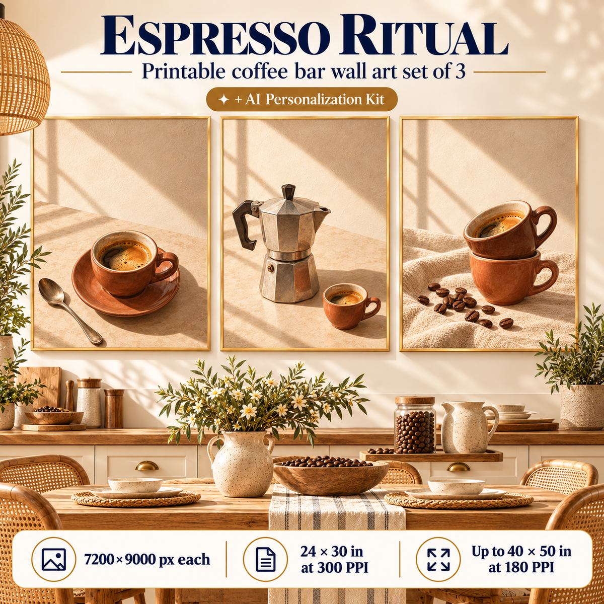 Espresso Ritual printable coffee bar wall art set of 3 displayed in a warm sunlit kitchen and dining space, with AI Personalization Kit and 24 by 30 inch 300 PPI print specification.