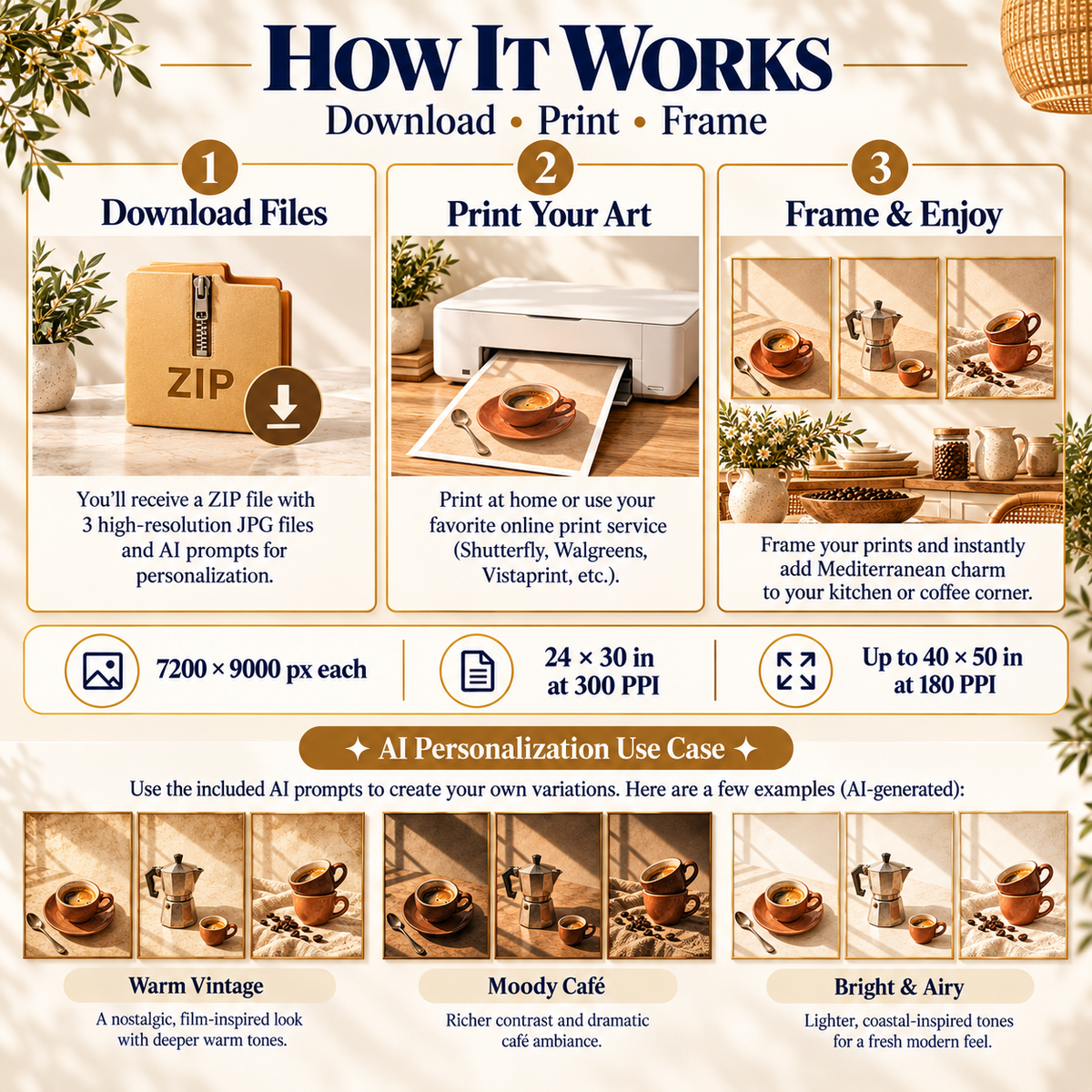 How Espresso Ritual printable coffee wall art works from ZIP download to printing, framing and optional AI personalization examples including warm vintage, moody cafe and bright airy looks.