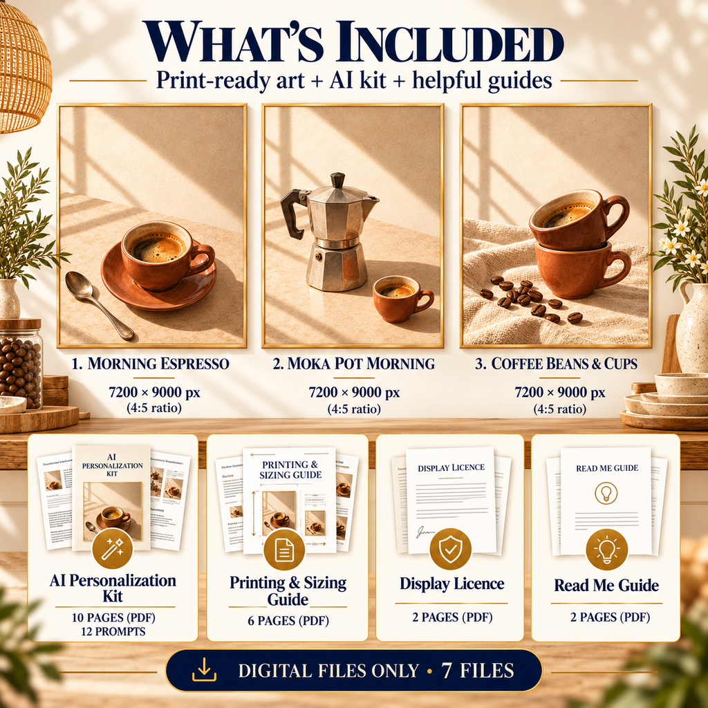 Espresso Ritual what is included image showing Morning Espresso, Moka Pot Morning and Coffee Beans and Cups artworks, plus AI Personalization Kit, Printing and Sizing Guide, Display Licence and Read Me Guide.