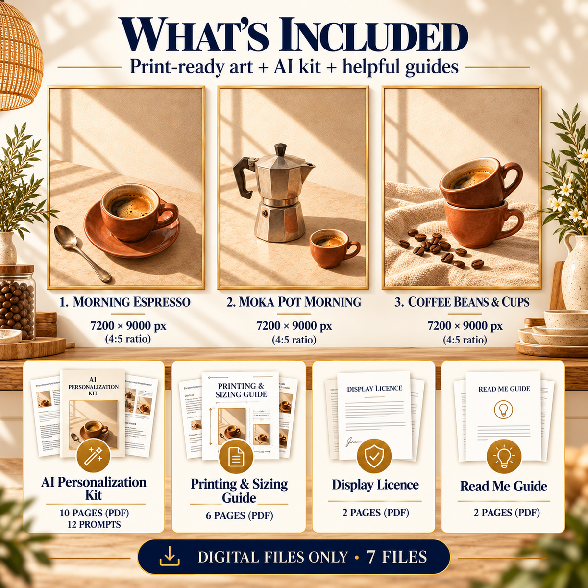 Espresso Ritual what is included image showing Morning Espresso, Moka Pot Morning and Coffee Beans and Cups artworks, plus AI Personalization Kit, Printing and Sizing Guide, Display Licence and Read Me Guide.