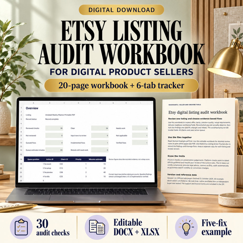Etsy digital listing audit workbook with a 20-page review guide and six-tab action tracker in a sage workspace.
