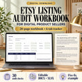 Etsy digital listing audit workbook with a 20-page review guide and six-tab action tracker in a sage workspace.