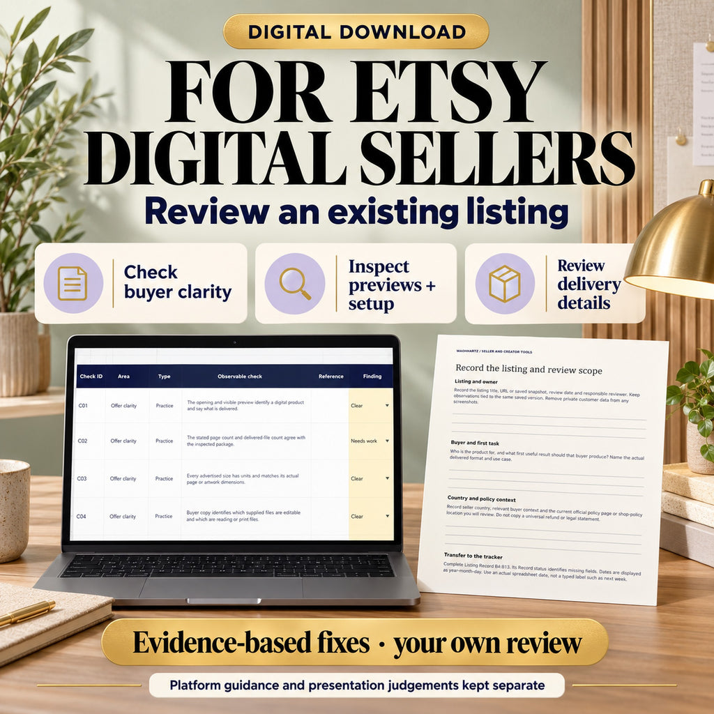 Listing audit toolkit for existing Etsy digital sellers reviewing preview clarity, setup requirements and delivery instructions.