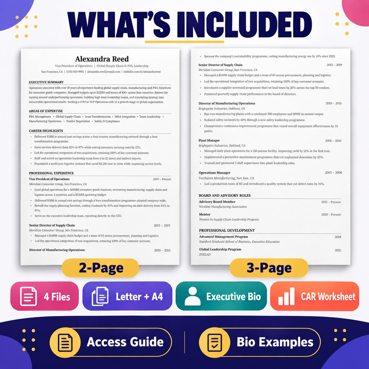 Executive resume 2-page and 3-page layouts with executive bio worksheet