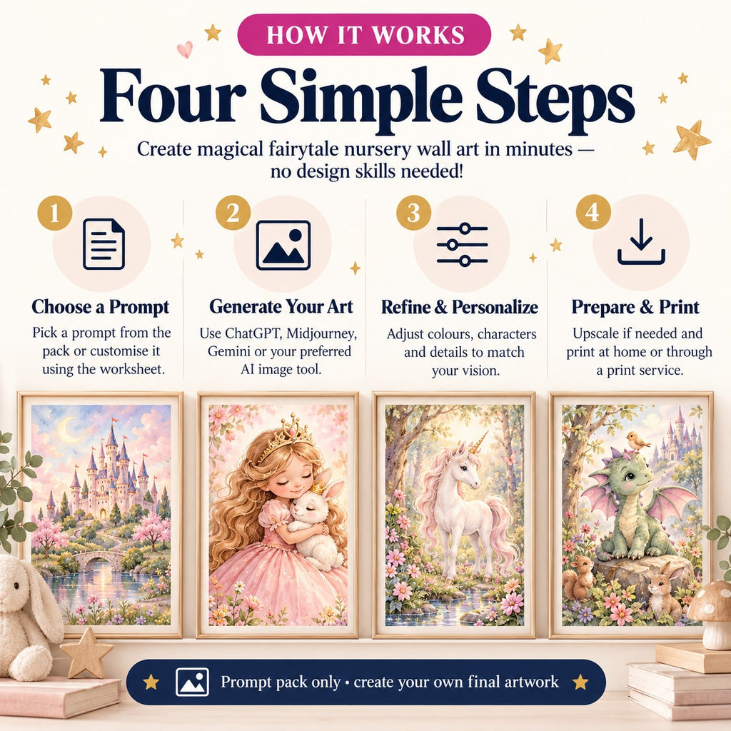 How to use the Fairytale Nursery Wall Art AI Prompt Pack in four simple steps from choosing prompts to generating, refining and preparing artwork