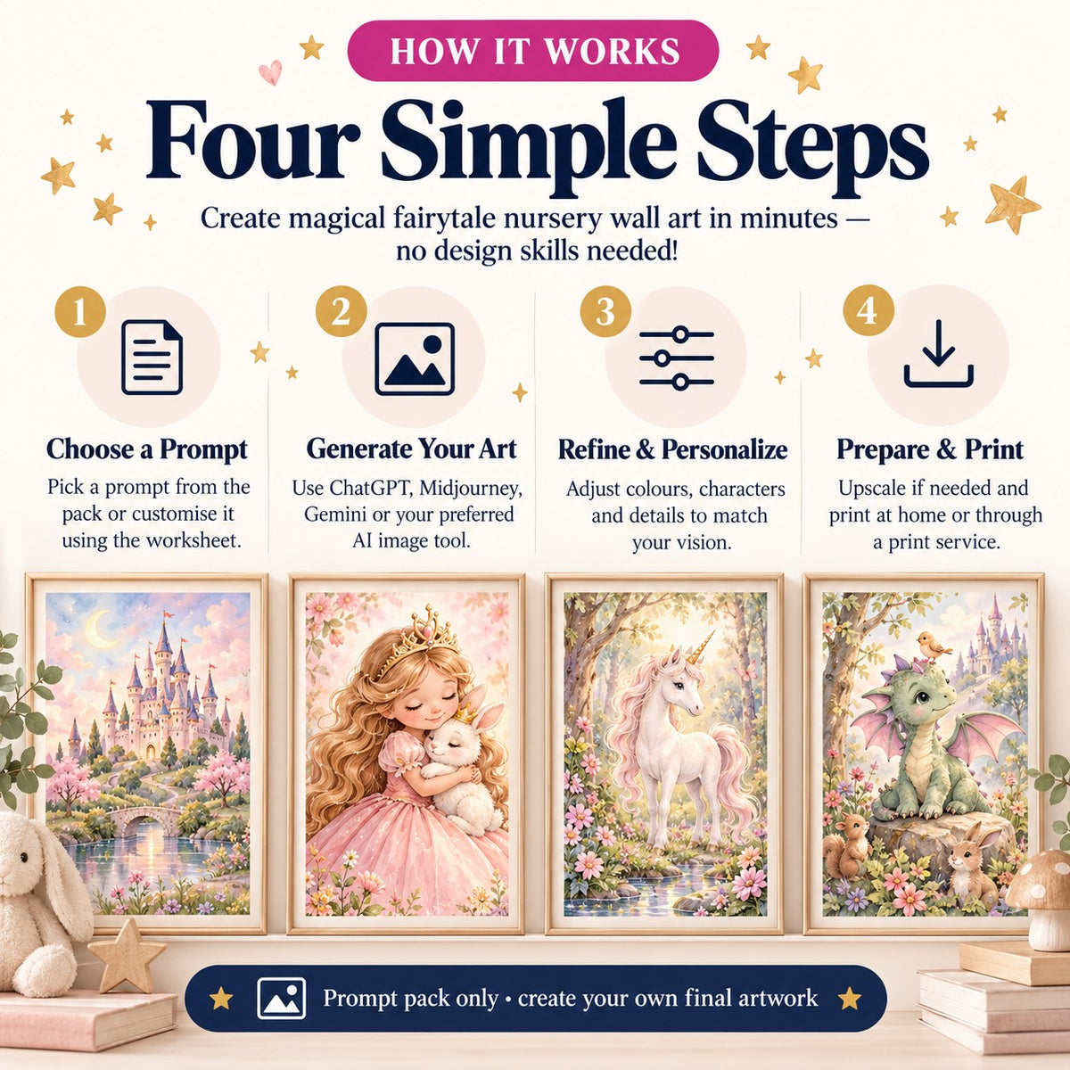 How to use the Fairytale Nursery Wall Art AI Prompt Pack in four simple steps from choosing prompts to generating, refining and preparing artwork