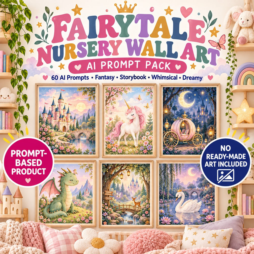 Fairytale Nursery Wall Art AI Prompt Pack main listing image showing magical nursery art prompt examples and prompt-based product details