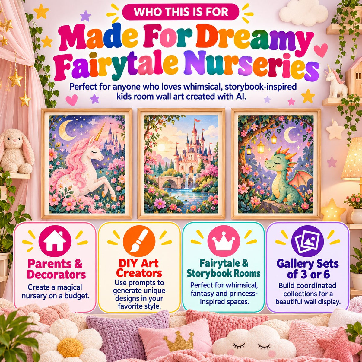 Who the Fairytale Nursery Wall Art AI Prompt Pack is for including parents, decorators, nursery styling creators and DIY wall art users