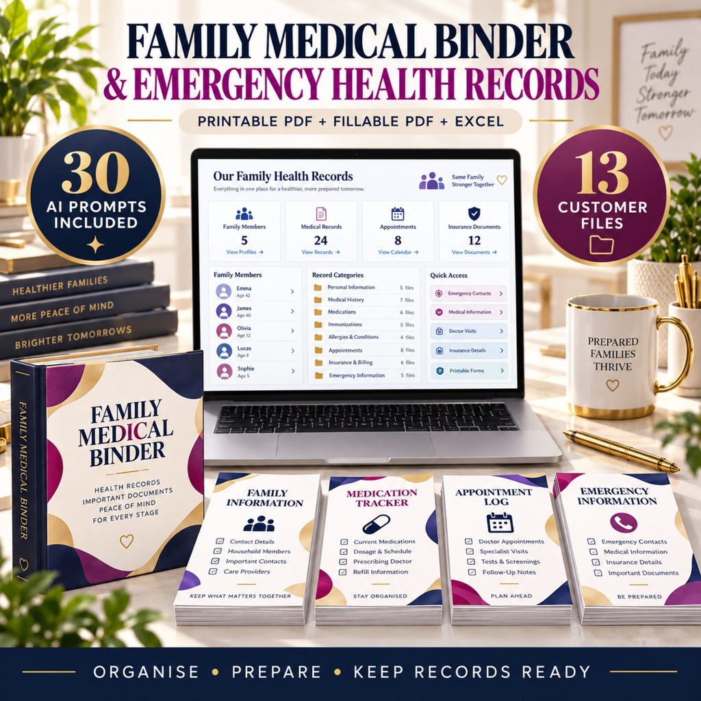 Family medical binder and emergency health records organizer with 30 AI prompts, 13 files and family dashboard