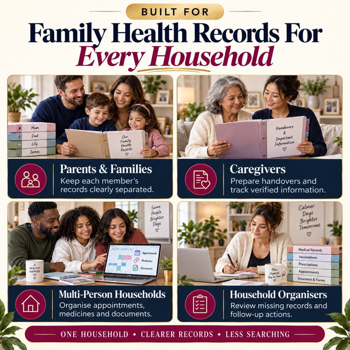 Family health records organizer for parents, caregivers, multi-person households and household organizers